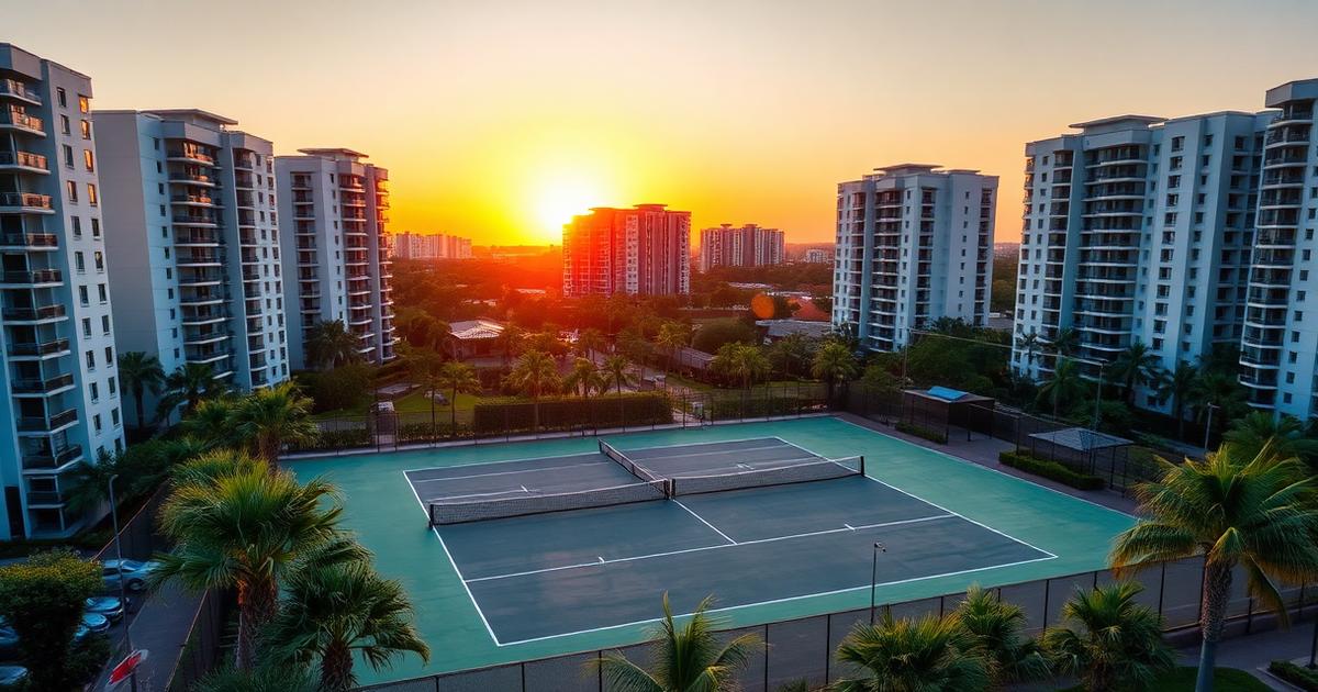 Quadra de tênis de condomínio residencial cercada por prédios ao pôr do sol